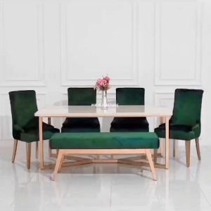 Set Meja Makan Top Marmer Krem Kursi dan Bench