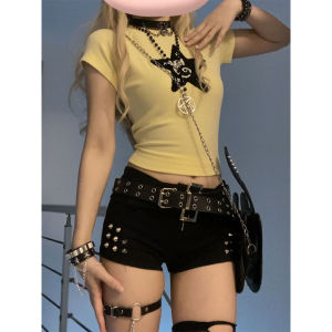 เสื้อยืดแขนสั้นผู้หญิงฤดูร้อน Y2K วัฒนธรรม Abi ลายดาวปัก ทรงเข้ารูป เสื้อผ้าทำงานสไตล์หวานและเผ็ดร้อน