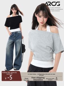 American Style Gray Off-Shoulder Fake Two-Piece T-Shirt Loose Fit Slimming