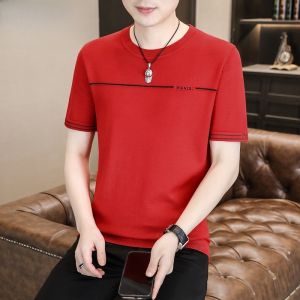 HENGYUANXIANG | Red Knitted Casual Short Sleeve Round Neck Sweater By Hengyuanxiang Spring Fashion Urban Loose Fit Polyester Blend Base Shirt