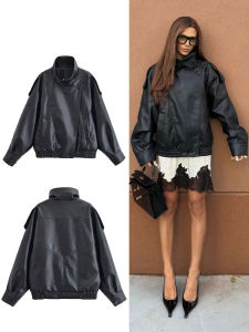 Womens Faux Leather Jacket Stand Collar Long Sleeves Loose Zipper Coats Lady 2025 Autumn High Street Woman Outerwear