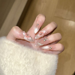 10pcs Cat Eyes Press on Nails 3D Flower Long/Short Almond Handmade Fake Nails for Women Girls Manicure DIY