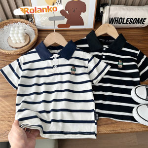 Rolanko Kids Boys Striped Polo Collar Cotton T-Shirt Children Black White Bear Cute Baby Summer Casual Shortsleeve