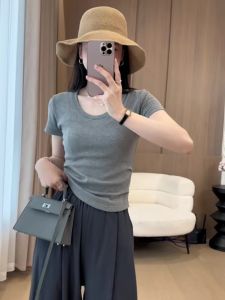 Korean Simple Pure Color round Neck Pullover Short Sleeve T-Shirt Summer New Arrival Womens Clothing Commute Slim-Fit Slim Looking Shoulder Tops