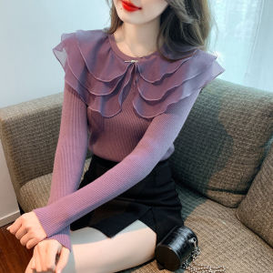 Ruffles Doll Collar Sweater Female 2024 New Arrival Sweet Super Fairy Inner Bottoming Sweater Outwear Purple Tops