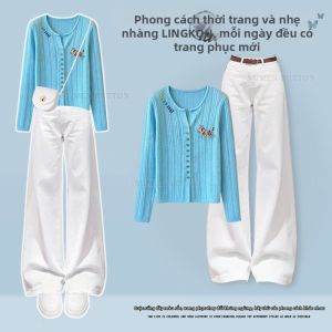 NUMEN BUTTON | Bộ Quần Áo Nữ Nhỏ Gọn Mùa Xuân Thời Trang Áo Cardigan Đan Đơn Giản Quần Jeans 2 Món
