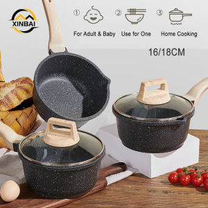 XINBAI Non Stick Pot 16/18cm Milk Pan with Lid Spout PFOA Free Maifan Stone Cooking Pot Suitable All Stove Including Induction