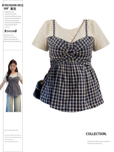 Korean Style Patchwork T-shirt Womens Slimming Waist Design Summer New Style plus Size MM Commute Sense Creative Pattern