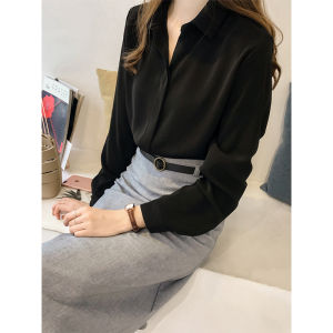 Elegant Professional Womens Shirt in Satin Black for Business Casual Layered Collar Upcoming Interview Niche Style Button-up Long Sleeve
