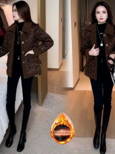 HUAXUNRAN | Fashionable Casual Multi-Seasonal Coat for Seniors 1XL Size Fleece Lined Leopard Print Cotton Coat