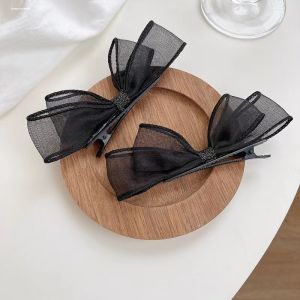 Sweet and Elegant Childrens Hair Clip Set Black Silk Butterfly Knot Hairpin with Bang Clip-On Fashionable Hair Accessories for Girls