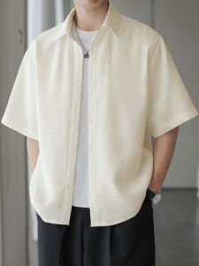 Waffle Short Sleeve Shirt Mens Summer Simplicity Fancy Half Sleeve Jacket Mens Hong Kong Style Casual Polo Collar Shirt