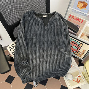 เสื้อยืดคอกว้างแขนยาวหลวมๆ สำหรับผู้ชาย สไตล์อเมริกัน ลายกระดูกปลา สีบล็อก เสื้อเชิ้ตคอกลม ผ้าฝ้าย ระบายอากาศได้ดี ทรงหลวม