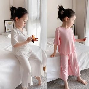 Sonkpuel | Girls Sets Summer Thin Children Short Sleeve Set Ice Silk 2pcs Homewear Clothes 2-10 Years Girl Pure Color Kids Pajamas