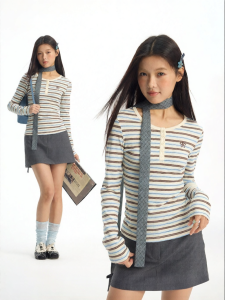 JNXS | Áo Thun Dài Tay Ôm Body Sọc Nét Cổ Điển