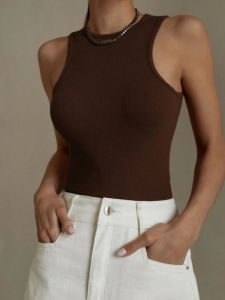 Street Style Slim Fit ฤดูร้อนสีทึบเสื้อกล้ามสั้นสําหรับผู้หญิง 25-29 วันเกิด Party