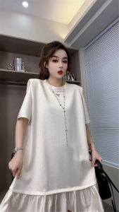 ชุดเดรสสั้นแขนสั้นสไตล์ใหม่ฤดูร้อนปี 2024 ทรงเอเอวสูง กระโปรงทรงเอ ผ้าผสมโพลีเอสเตอร์ คอตตอน โพลีเอสเตอร์ แฟชั่น