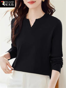 Black Long Sleeve V-Neck T-Shirt Womens Base Shirt Korean Style Simple Design Winter Commute Pure Color Knitted Top
