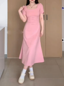 ชุดเดรสยาวคอเหลี่ยมเรียบหรูใส่แล้วดูผอมเพรียวสำหรับสาวอวบชุดเดรสแขนสั้นทรงหางปลาดีไซน์เรียบหรูเก็บเนื้อไซส์ใหญ่ดูแพงใส่ช่วงฤดูร้อนสำหรับผู้หญิง