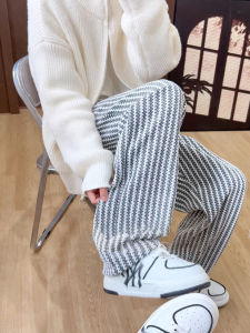 Mens Fishbone Stripe Casual Pants Autumn Loose Fit Straight Leg Sporty Leisure Trousers Heavyweight Knife Edge Sweatpants