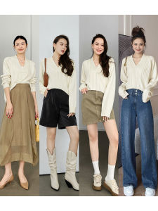 เสื้อสเวตเตอร์ถักหลวมแขนยาวคอวีลายทาง ทรงสั้น ทรงยาว กางเกงขายาวผู้หญิง ฤดูใบไม้ผลิ ฤดูร้อน ฤดูใบไม้ร่วง ฤดูหนาว