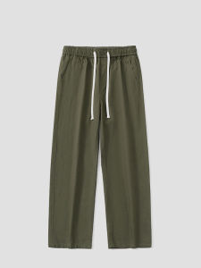 กางเกงลำลองชายผ้าฝ้ายสีเขียวทหารหลวมๆ ระบายอากาศได้ดี กางเกงขายาวทรงตรงสำหรับฤดูร้อน กางเกงกีฬาผ้าฝ้ายแท้สำหรับผู้ชาย