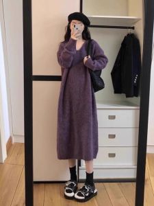 Purple V-Collar Knitting Dress Female Fall and Winter Plus Size Plus Size Ladies Fancy Loose Slimming Thickened Base Sweater Dress