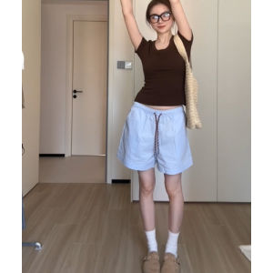 Casual Nylon Color Block Wide Leg Shorts for Women High Waist Quick Dry Loose Fit Blue Mid Waist Pants for Summer