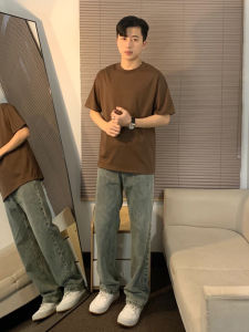 Áo Thun Nam Tay Ngắn Màu Nâu 300g Cotton Nặng Nguyên Chất Cotton Thoáng Khí Mùa Hè Thường Ngày Phong Cách Mỹ Cổ Tròn