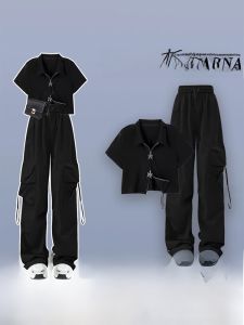 Cool Salt System Womens Workwear Two-Piece Set Summer Zipper Short Sleeve Polo Collar Pants Outfit Trendy Fashion