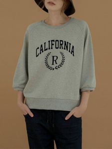 Loose Fit Cotton Sweatshirt Womens Spring New Style Printed Three Quarter Sleeve round Neck Commute Regular Length Casual