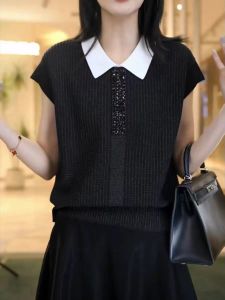 Áo Thun Dệt Kim Mỏng Màu Đen Mùa Hè Áo Thun Lụa Băng Dáng Rộng Tay Ngắn Cổ Polo Thời Trang Công Sở Cho Nữ