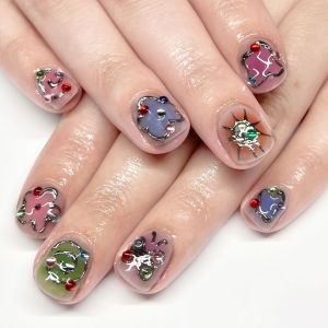 Handmade Dopaamine Flash Diamond 3D Pattern Color Block Cute Nail Art Nail Stickers Wearable Nails Short Square Macaron Color