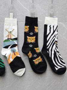 2 Pairs of AB Socks Female Kitten Zebra Stripes about Original Cool Asymmetric Pattern Ins Trendy Middle Tube Cotton Socks