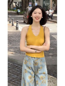 YUEZHONGWEI | Yellow V-neck Ice Silk Knitted Strap Vest Women Summer Outdoor Wear Slim Fit Sleeveless Top Fashionable Small Size Girl