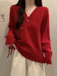 New Chinese Style Knitted Sweater Womens Autumn Winter plus Size Design Belly Cover Asymmetric Base Shirt V-neck Thickened