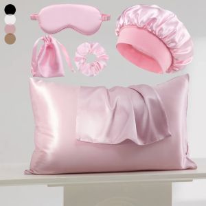 6PCS/LOT 2 Pillowcase Hair Scrunchie Night Hat Set Fashion Imitation Silk Satin Pillowcase Sleep Set tool Silkly Cap