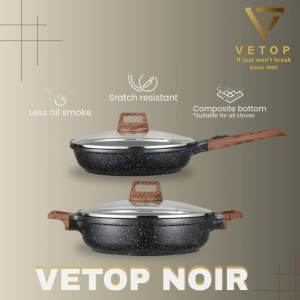 VETOP NOIR 28cm Premium Ceramic Non-Stick Cookware Set with Glass Lid and Wooden Handle Induction Ready