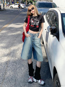 กางเกงยีนส์ทรงหลวมเอวสูงทรงตรงสำหรับผู้หญิง กางเกงขาสั้นทรงขาบาน ฤดูใบไม้ผลิและฤดูร้อน ทรงเรโทรอเมริกัน สีบล็อก