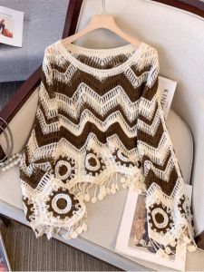 AIYITI | Plus Size Openwork Bohemian Fringe Striped Knit Blouse Ice Silk Sun Protection