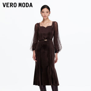 Vero Moda | Đầm Nhung Tùng Xòe Phối Ren Dây Nơ Eo Mới Thu Đẹp