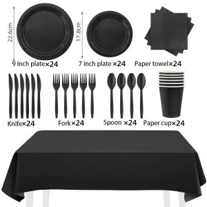 Solid Black Theme Tableware Birthday Party Disposable Cutlery Paper Napkins Cups Plates Tablecloths Fork Spoon Party Decorations