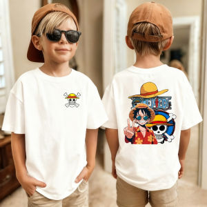 Bandai | 206 Boys T-Shirt One Piece Japanese Anime Print Luffy Pattern Pure Cotton Crew Neck Top Suitable for Children Short-Sleeve