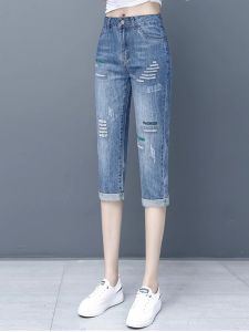 Quần Jeans Denim Ống Loe 7 Phút Mỏng Cho Nữ Mùa Hè Quần Harajuku 8 Phút Cạp Cao Thêu Lỗ Quần Jeans Denim Thường Ngày