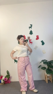 ชุดเซ็ตสไตล์ย้อนยุค เสื้อแขนสั้นผูกโบว์+กางเกงขากระบอก