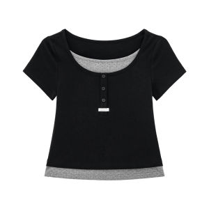 Fake Two-Piece Spliced Short Sleeve T-Shirt Casual Retro For Petite Women