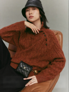 SUSHE | Commuter Style Rabbit and Wool Turtleneck Asymmetric Slanted Buttoned Knitted Texture Sweater
