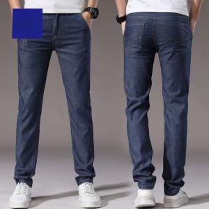 ROMON | Loose Fit Mens Denim Jeans Summer Lightweight Straight Leg Elastic Wide Leg Workwear Wear Resistant Business Casual Long Trousers