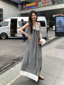 French Style Lace Edging Check Pattern Loose Summer Dress