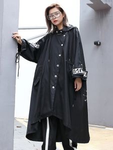 XITAO Spliced Black Trench For Women Tide Long Print Streetwear Hoodie Casual Female Wide Waisted Coat ZLL1100